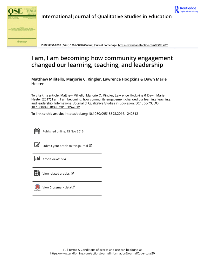 PDF) I am, I am becoming: how community engagement changed our learning,  teaching, and leadership
