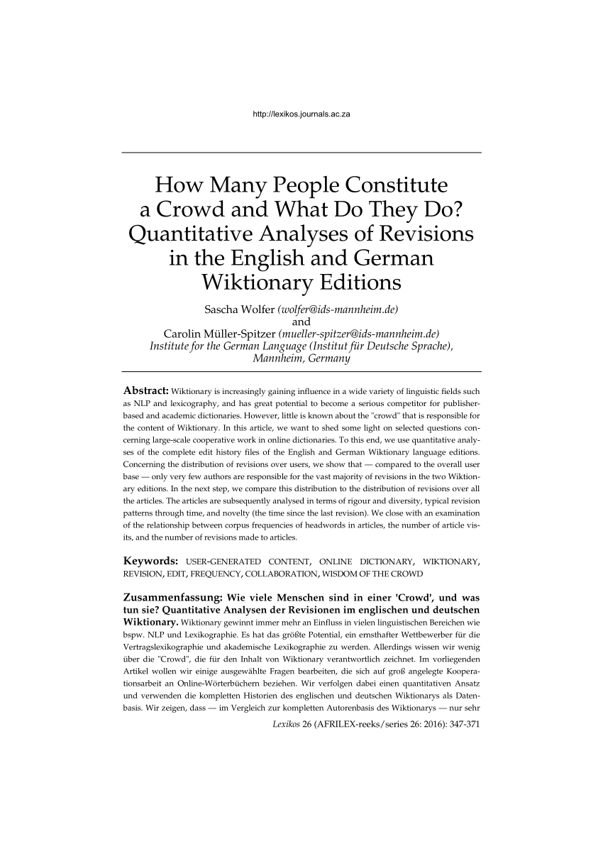 PDF) How Many People Constitute a Crowd and What Do They Do? Quantitative  Analyses of Revisions in the English and German Wiktionary Editions