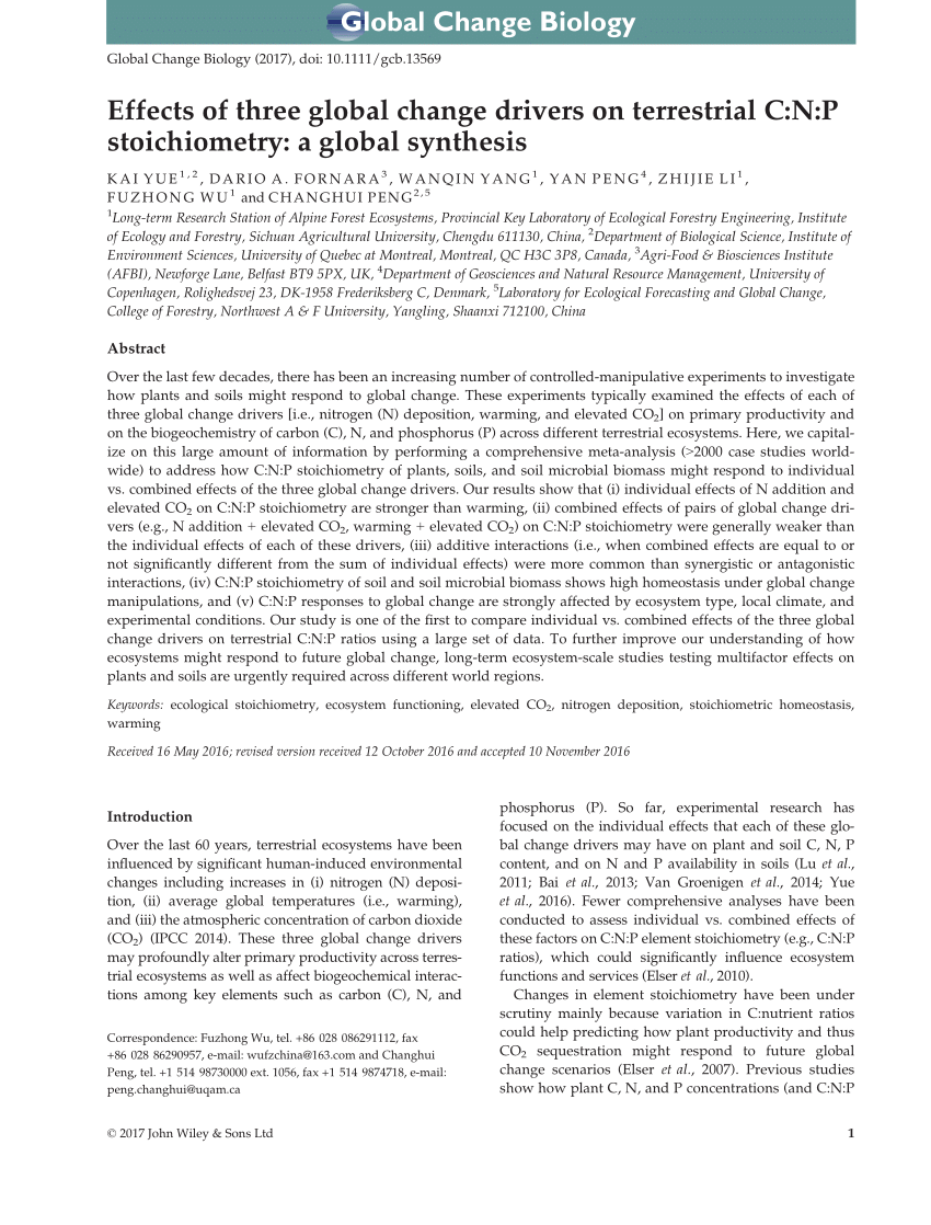 Pdf Effects Of Three Global Change Drivers On Terrestrial C N P Stoichiometry A Global Synthesis
