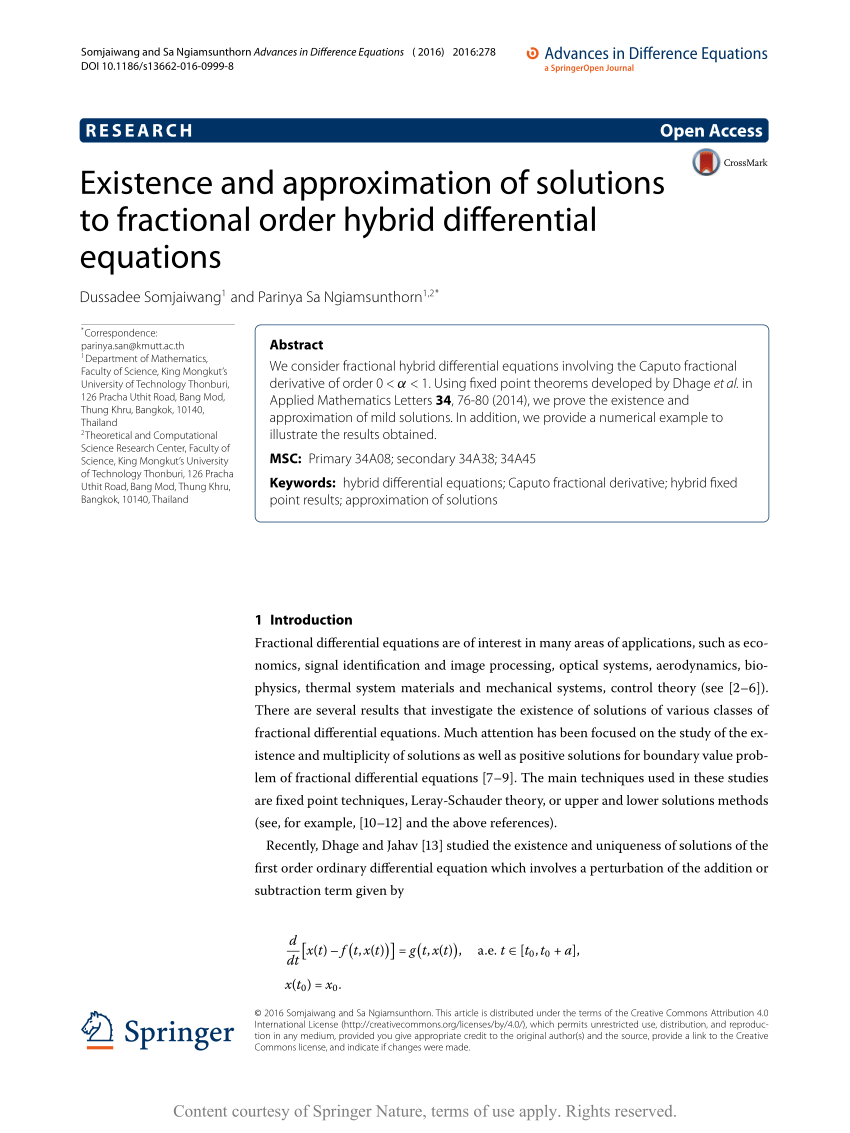 Pdf Existence And Approximation Of Solutions To Fractional Order Hybrid Differential Equations