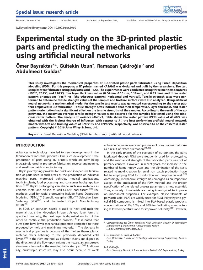 Pdf Experimental Study On The 3d Printed Plastic Parts And Predicting The Mechanical Properties Using Artificial Neural Networks Mechanical Properties Of 3d Printed Plastic Parts