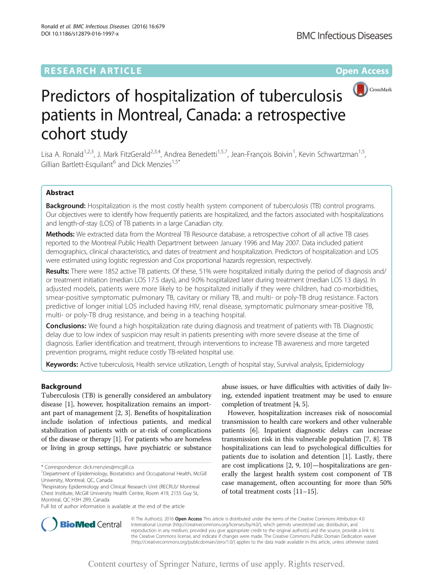 Pdf Predictors Of Hospitalization Of Tuberculosis Patients In Montreal Canada A Retrospective Cohort Study