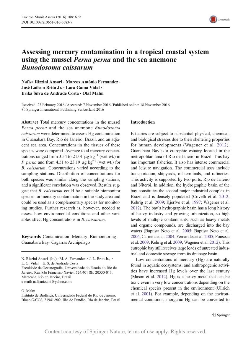 Assessing Mercury Contamination In A Tropical Coastal System Using The Mussel Perna Perna And The Sea Anemone Bunodosoma Caissarum Request Pdf