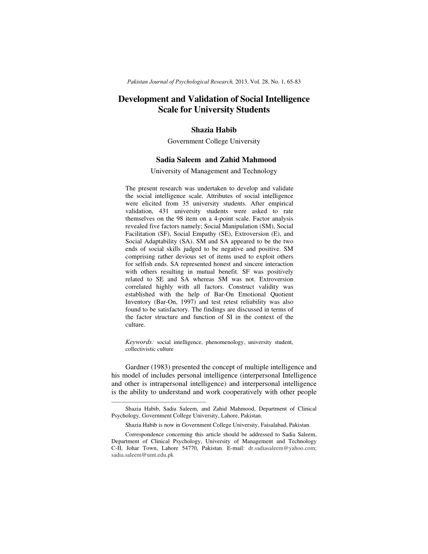 Pdf Development And Validation Of Social Intelligence Scale For University Students