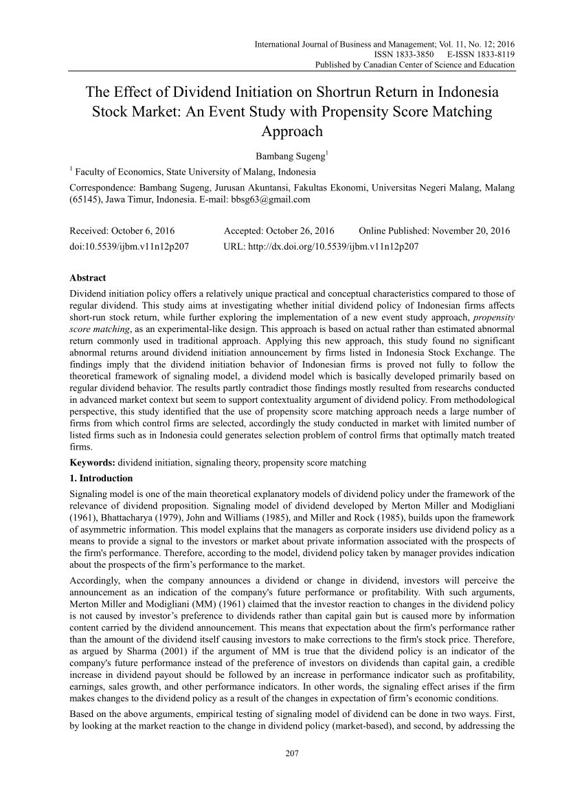 Pdf The Effect Of Dividend Initiation On Short Run Return In Indonesia An Event Study With Propensity Score Matching Approach