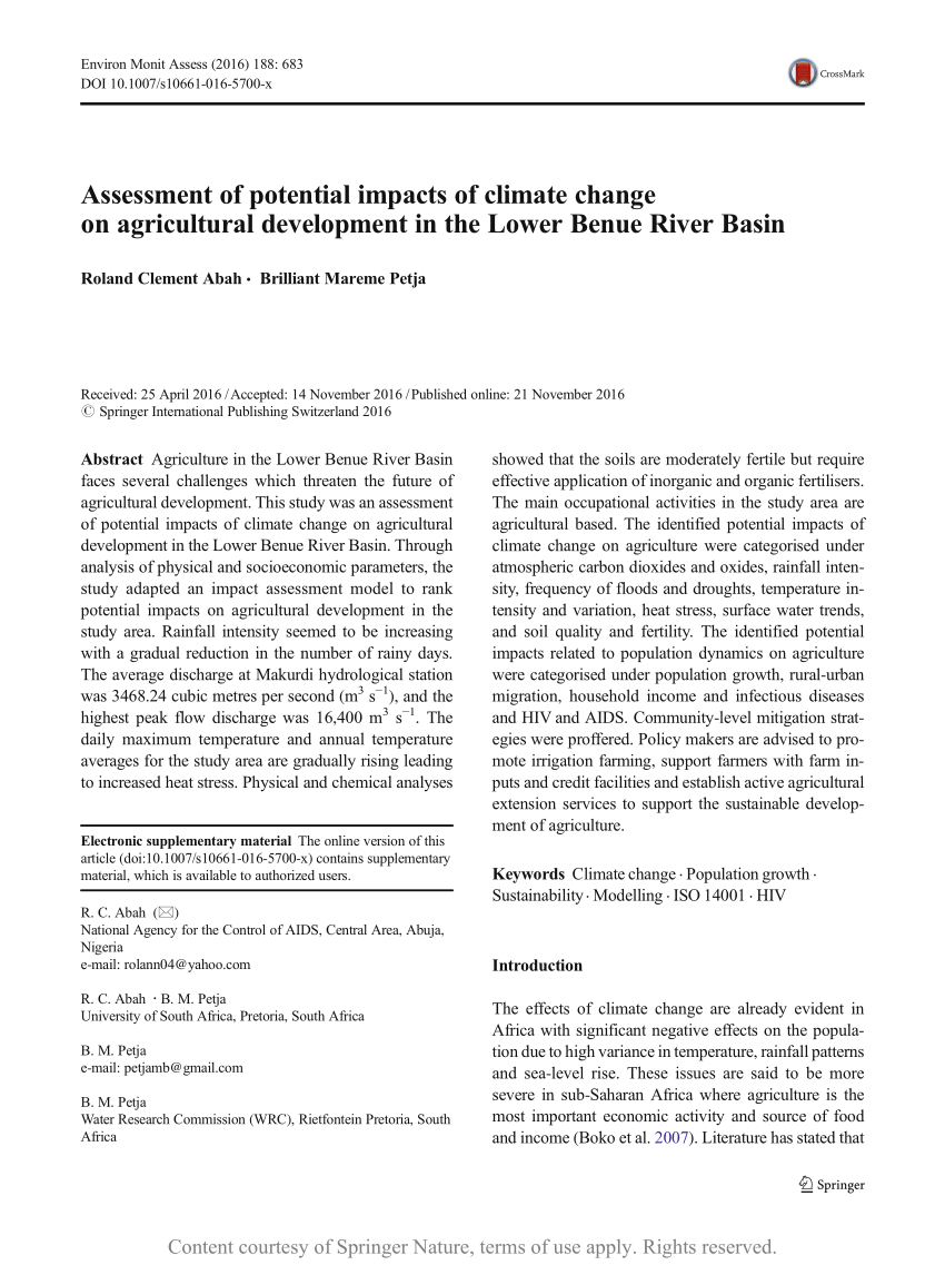 Assessment of potential impacts of climate change on agricultural  