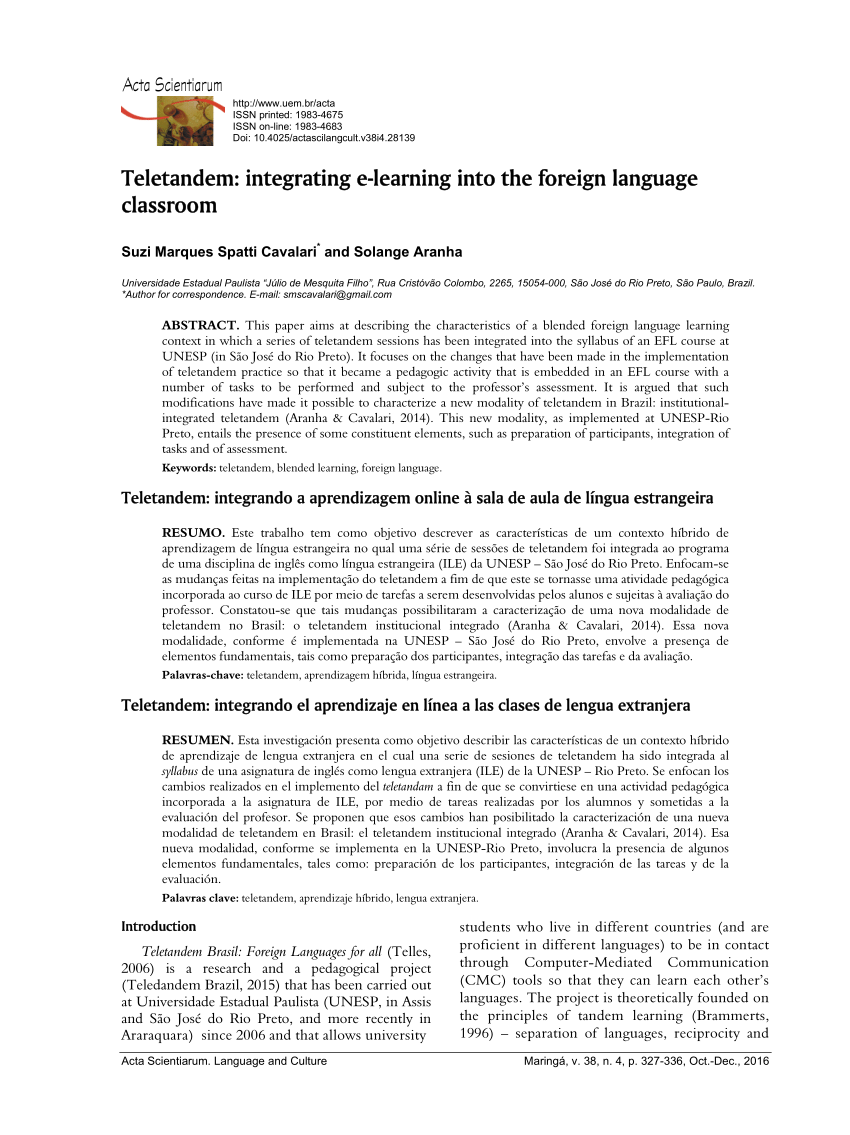 Pdf Teletandem Integrating E Learning Into The Foreign Language Classroom
