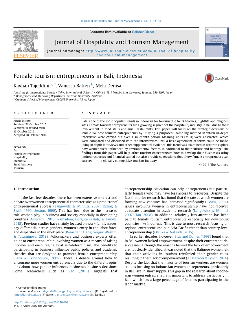 (PDF) Female tourism entrepreneurs in Bali, Indonesia