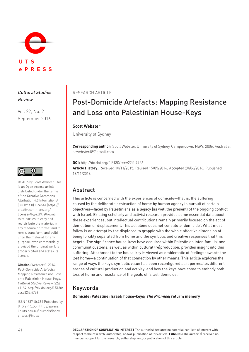 Pdf Post Domicide Artefacts Mapping Resistance And Loss Onto Palestinian House Keys