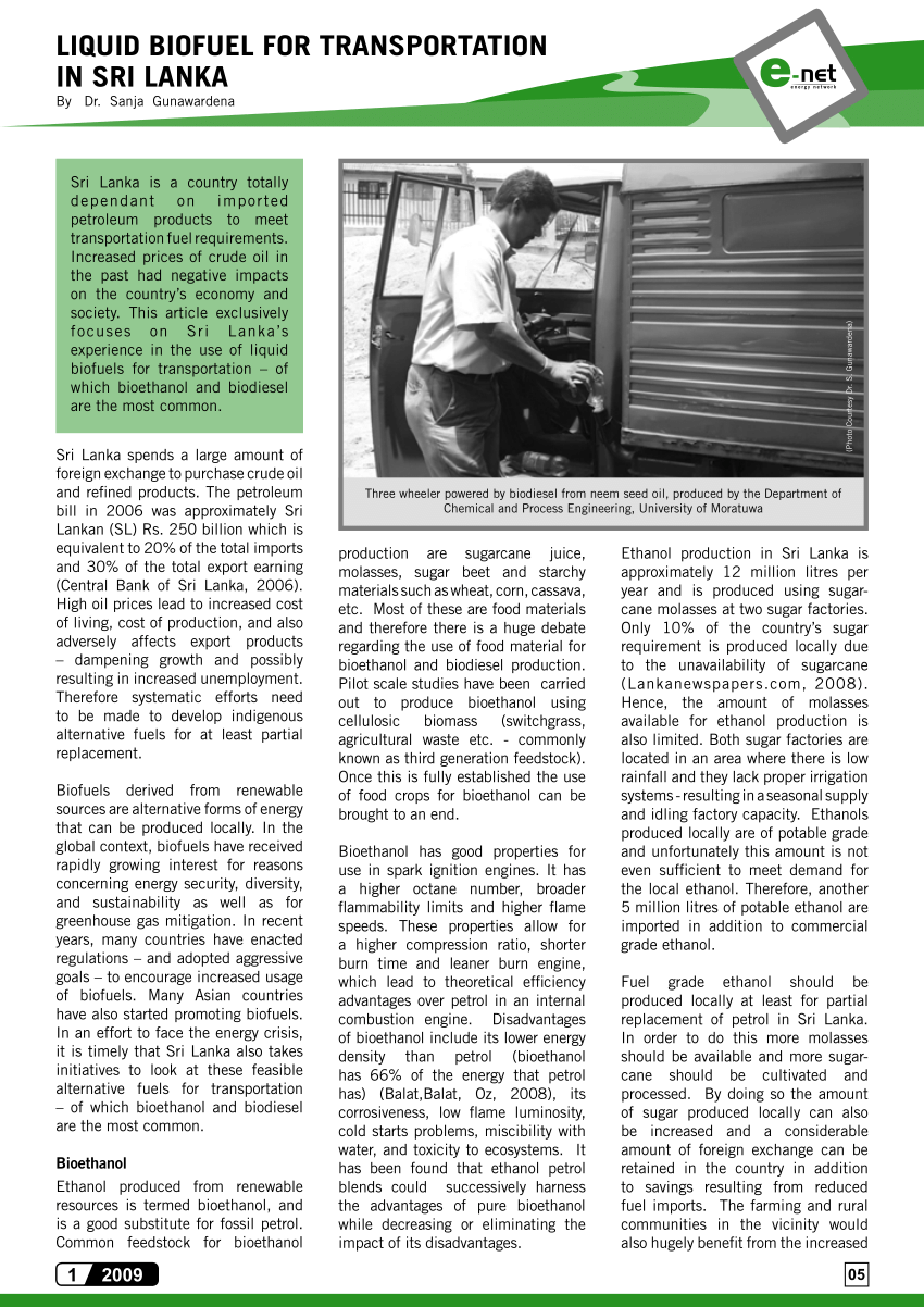(PDF) Liquid Biofuel for Transportation in Sri Lanka