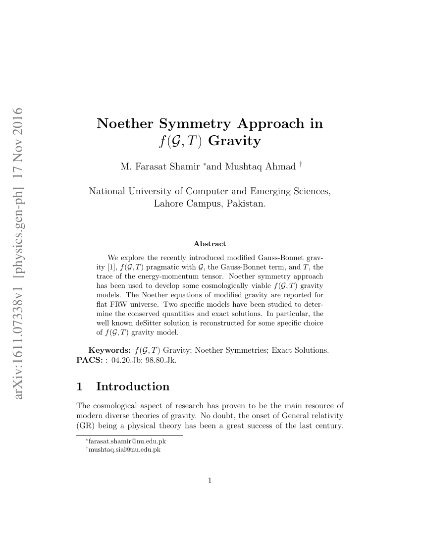 Pdf Noether Symmetry Approach In Fmathcal G T Gravity 2630