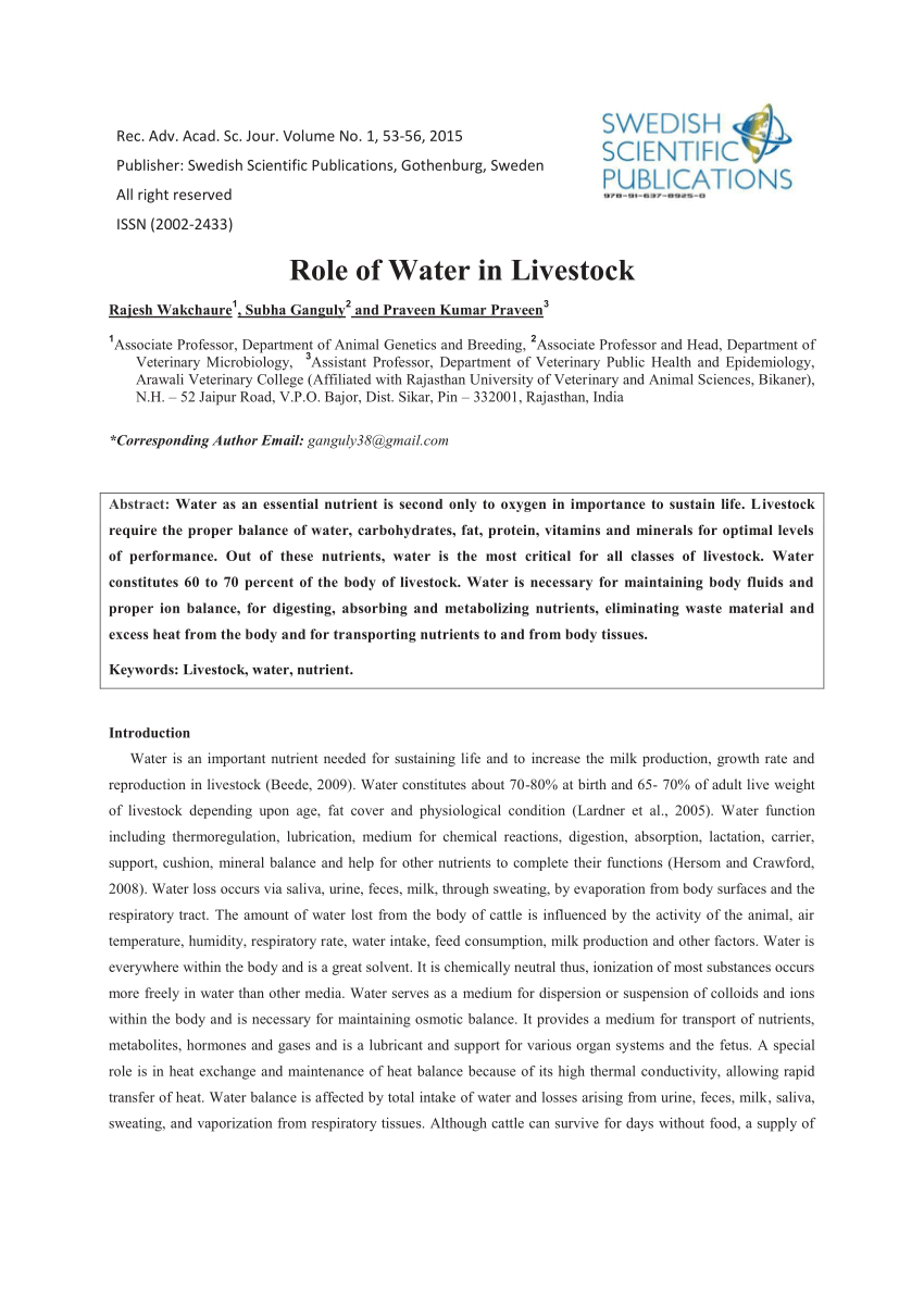 PDF) Role of Water in Livestock