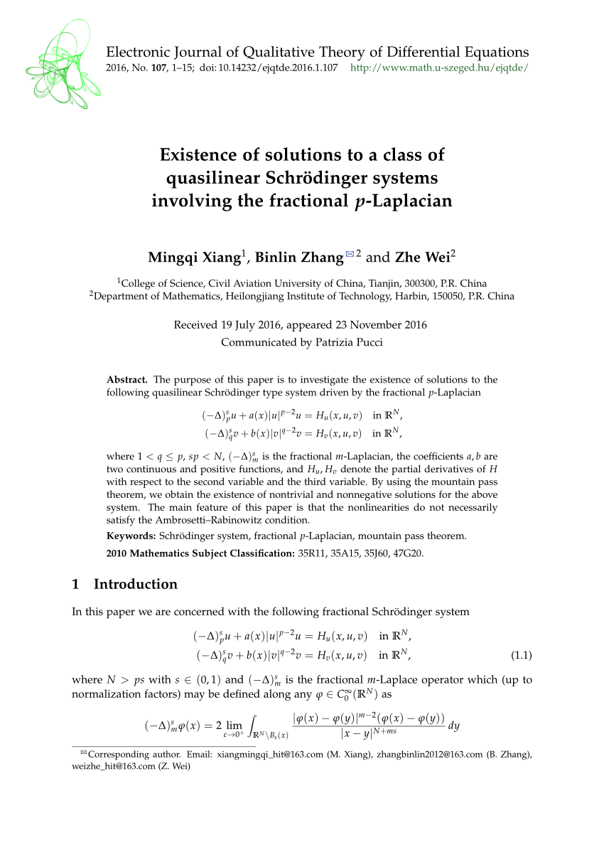 Pdf Existence Of Solutions To A Class Of Quasilinear Schrodinger Systems Involving The Fractional P Laplacian
