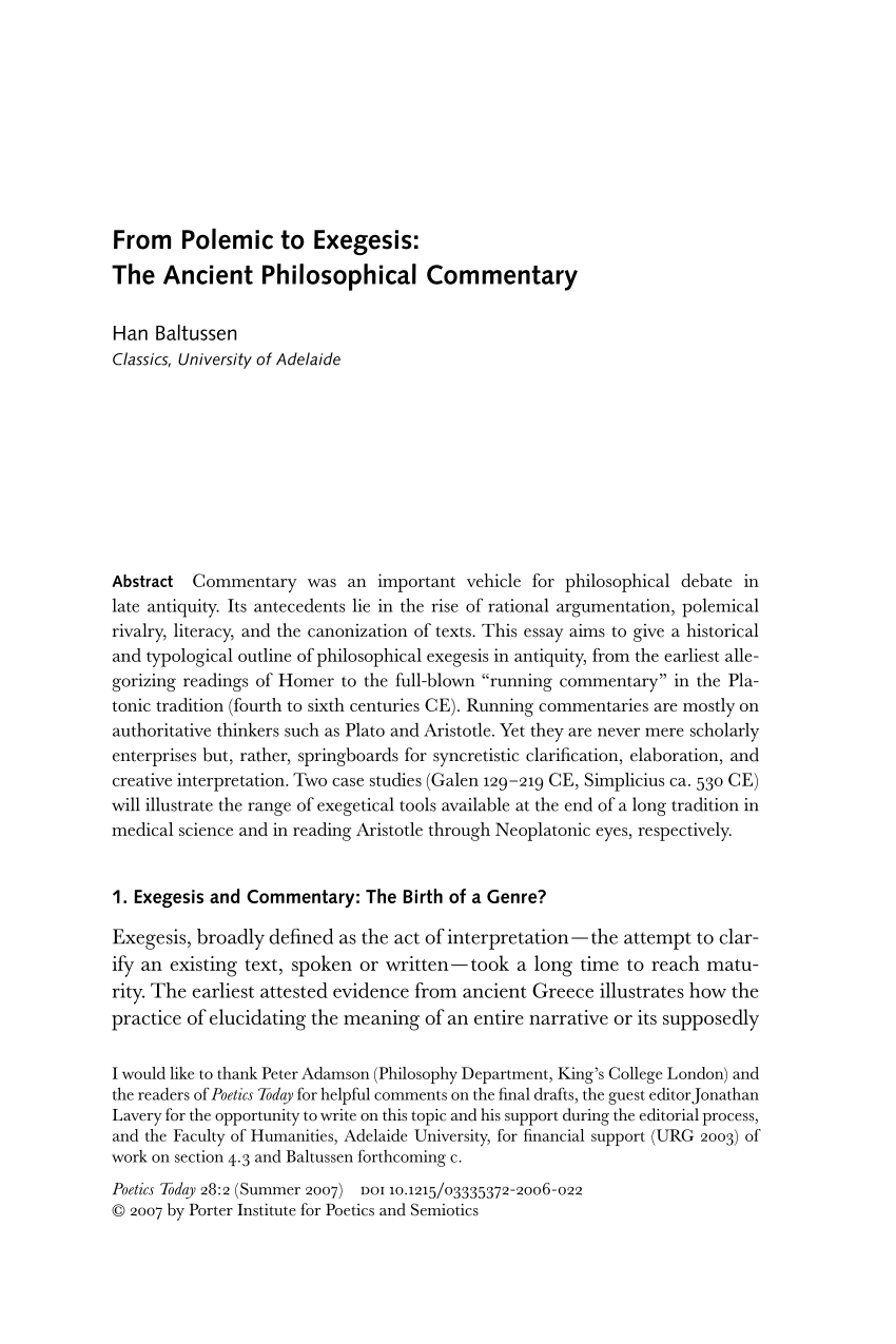 PDF) From Polemic to Exegesis: The Ancient Philosophical Commentary