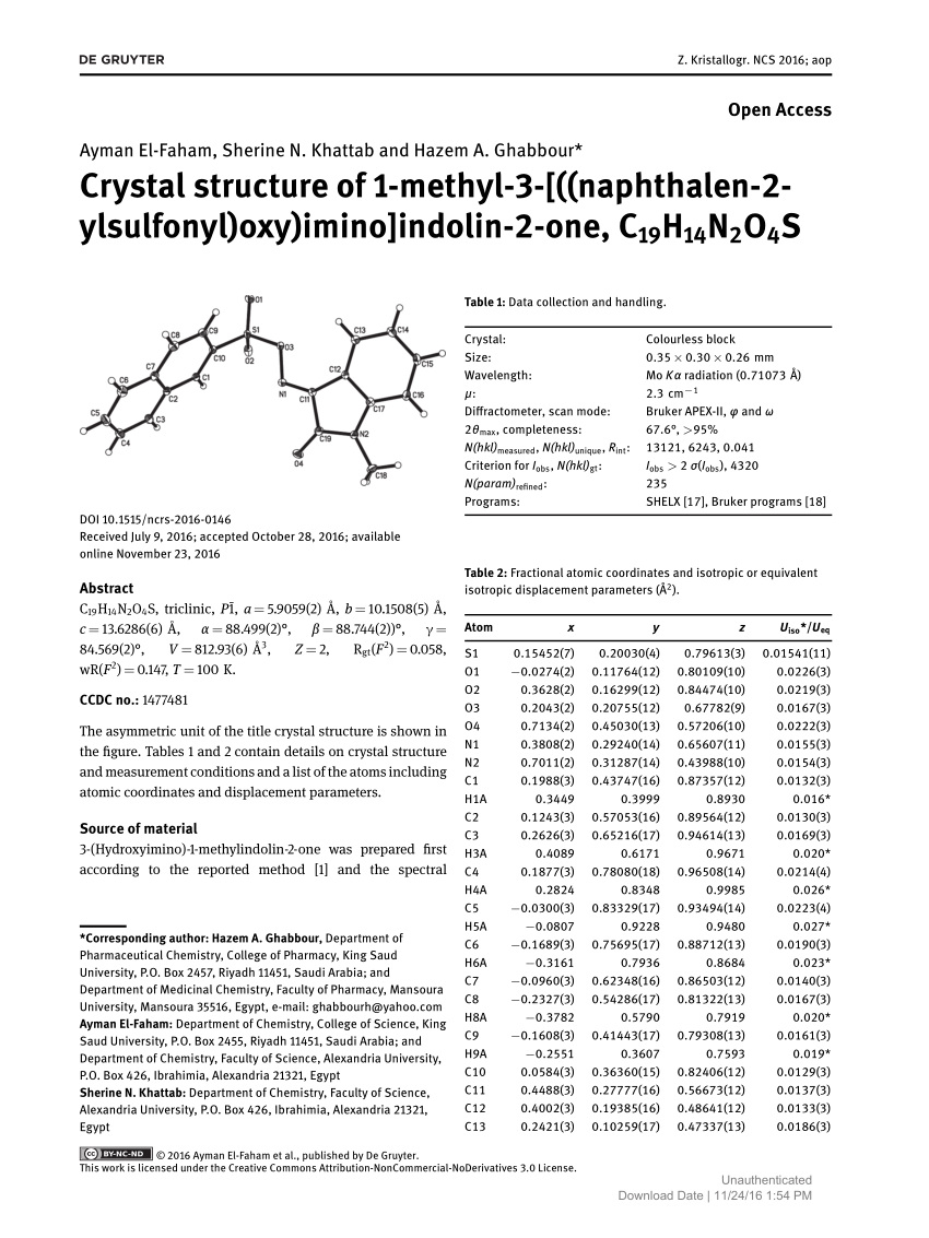 Pdf Crystal Structure Of 1 Methyl 3 Naphthalen 2 Ylsulfonyl Oxy Imino Indolin 2 One C19h14n2o4s