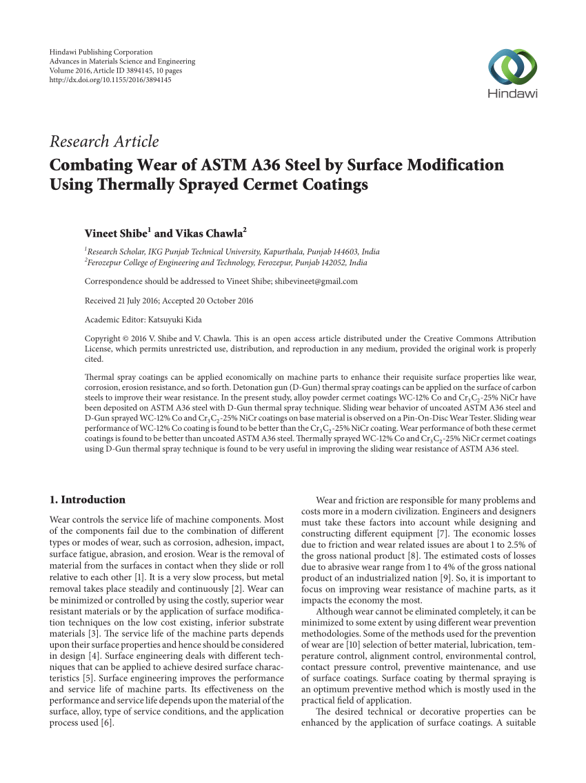 Pdf Combating Wear Of Astm A36 Steel By Surface Modification Using Thermally Sprayed Cermet Coatings