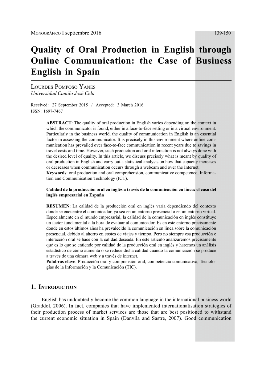 Pdf Monografico I Septiembre 16 Quality Of Oral Production In English Through Online Communication The Case Of Business English In Spain