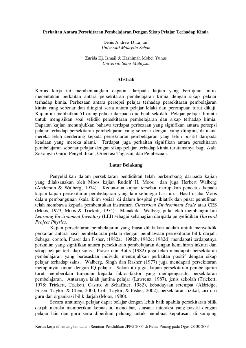 Pdf Perkaitan Antara Persekitaran Pembelajaran Dengan Sikap Pelajar Terhadap Kimia