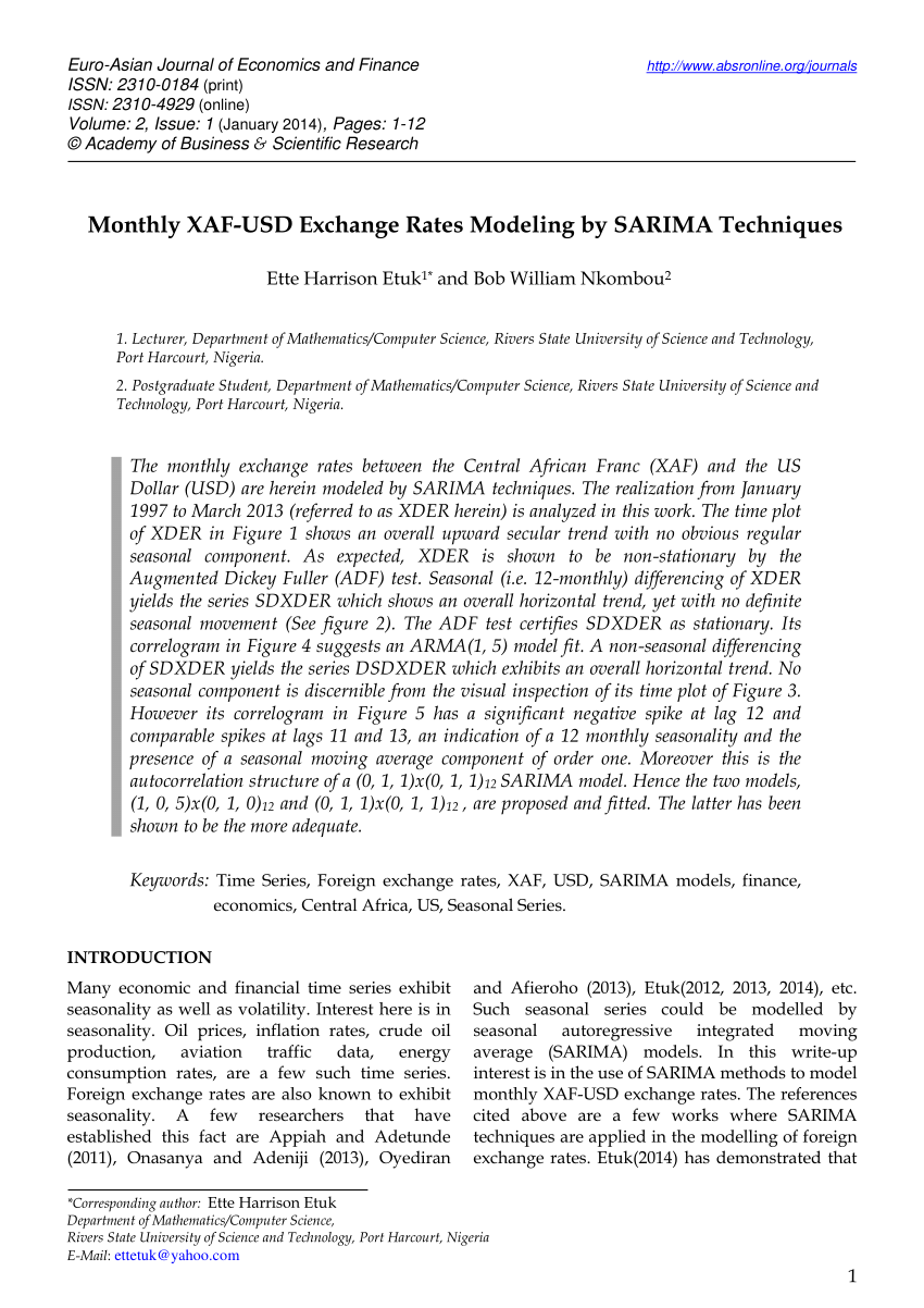 Pdf Monthly Xaf Usd Exchange Rates Modeling By Sarima Techniques - 