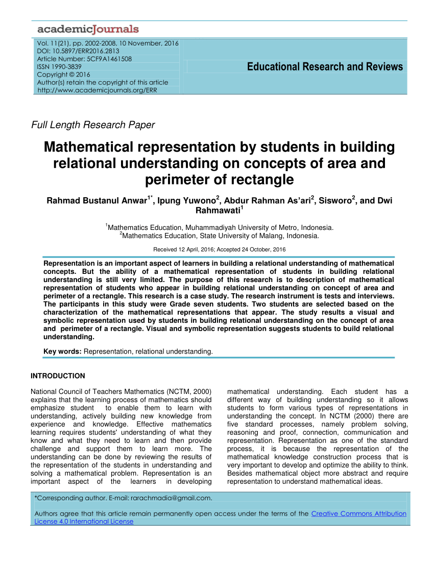 Pdf Mathematical Representation By Students In Building Relational Understanding On Concepts Of Area And Perimeter Of Rectangle