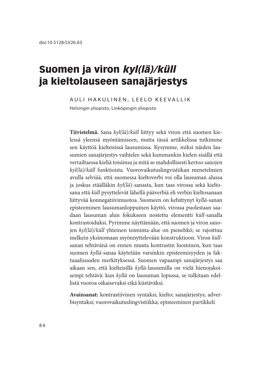 PDF) Suomen ja viron kyl(lä)/küll ja kieltolauseen sanajärjestys