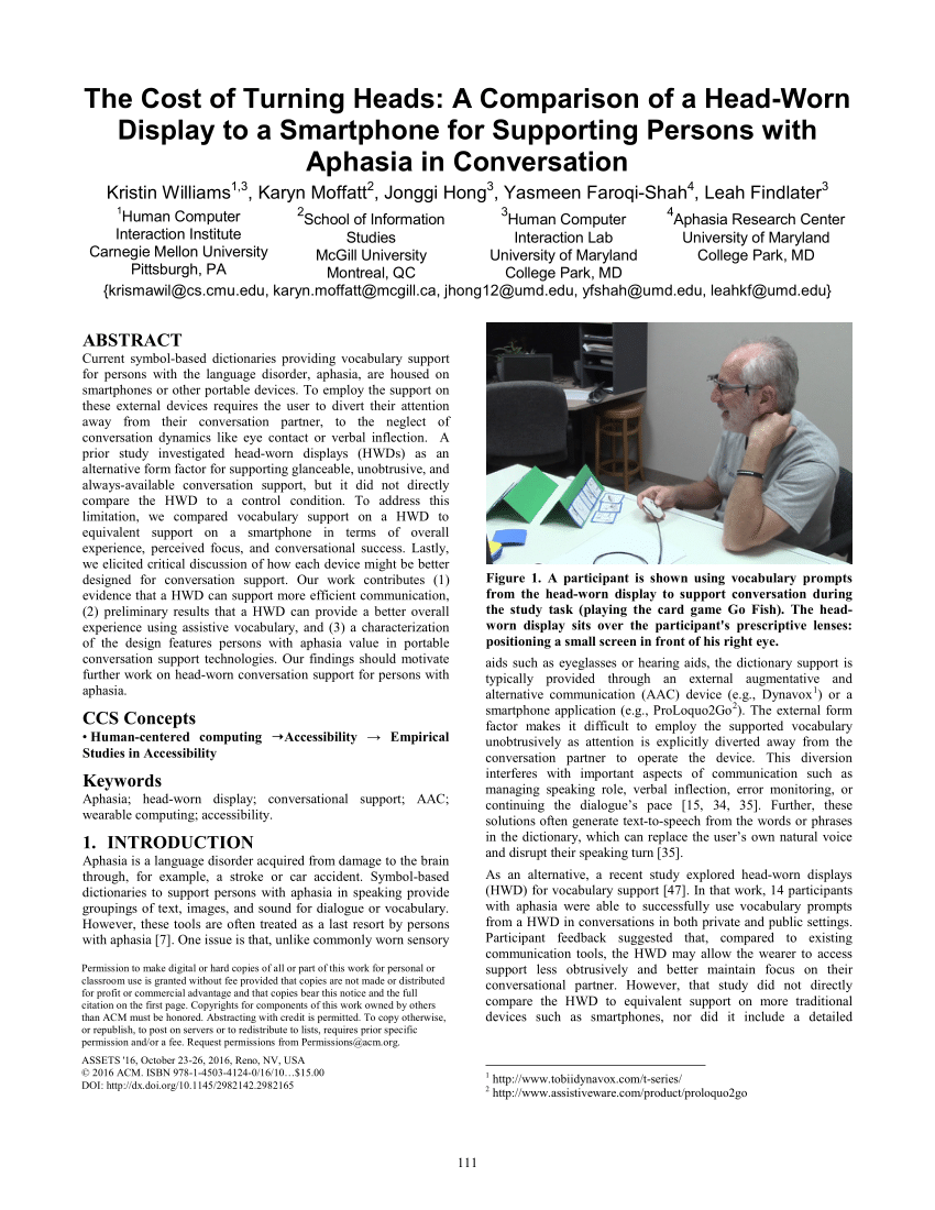 PDF) The Cost of Turning Heads: A Comparison of a Head-Worn Display to a  Smartphone for Supporting Persons with Aphasia in Conversation