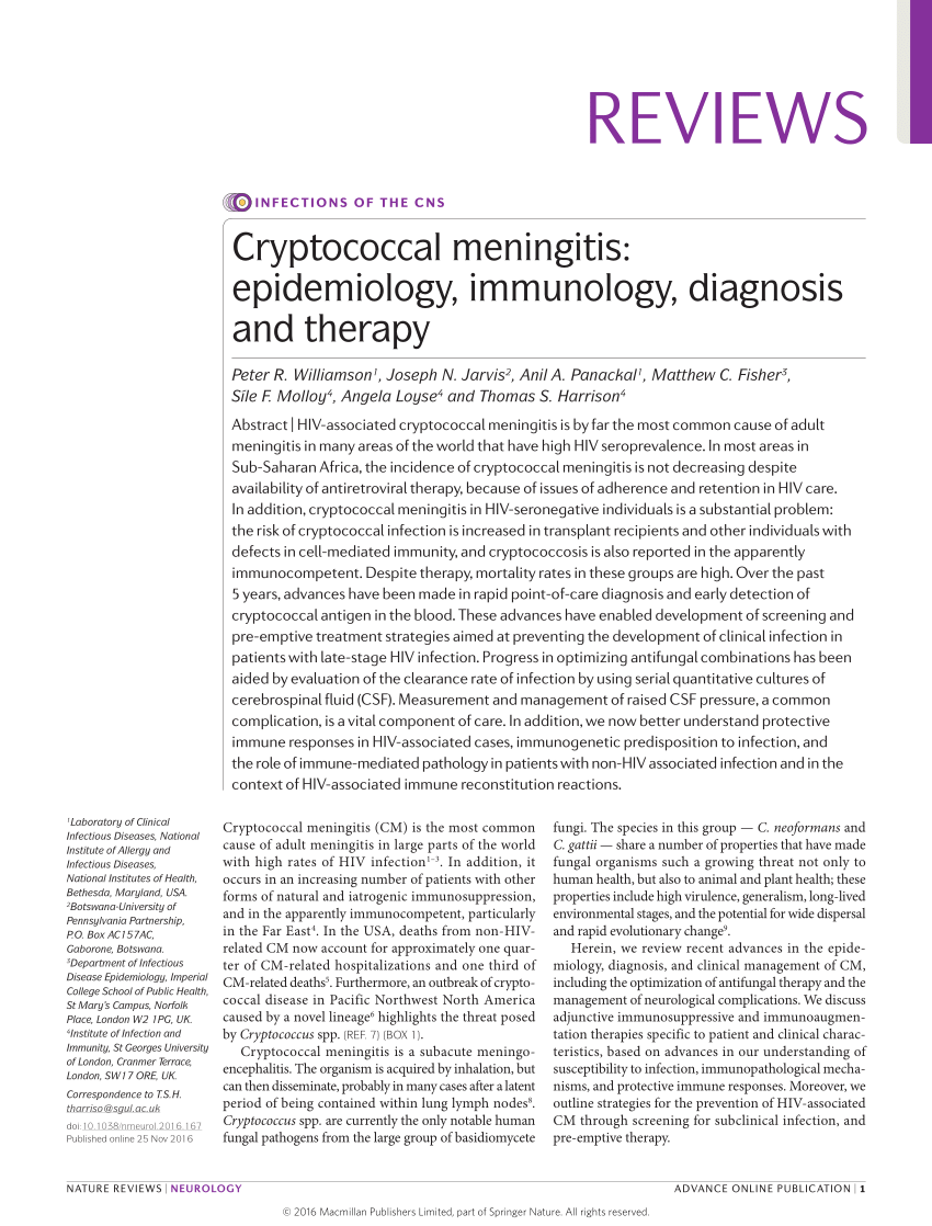 (PDF) Cryptococcal meningitis epidemiology, immunology, diagnosis and