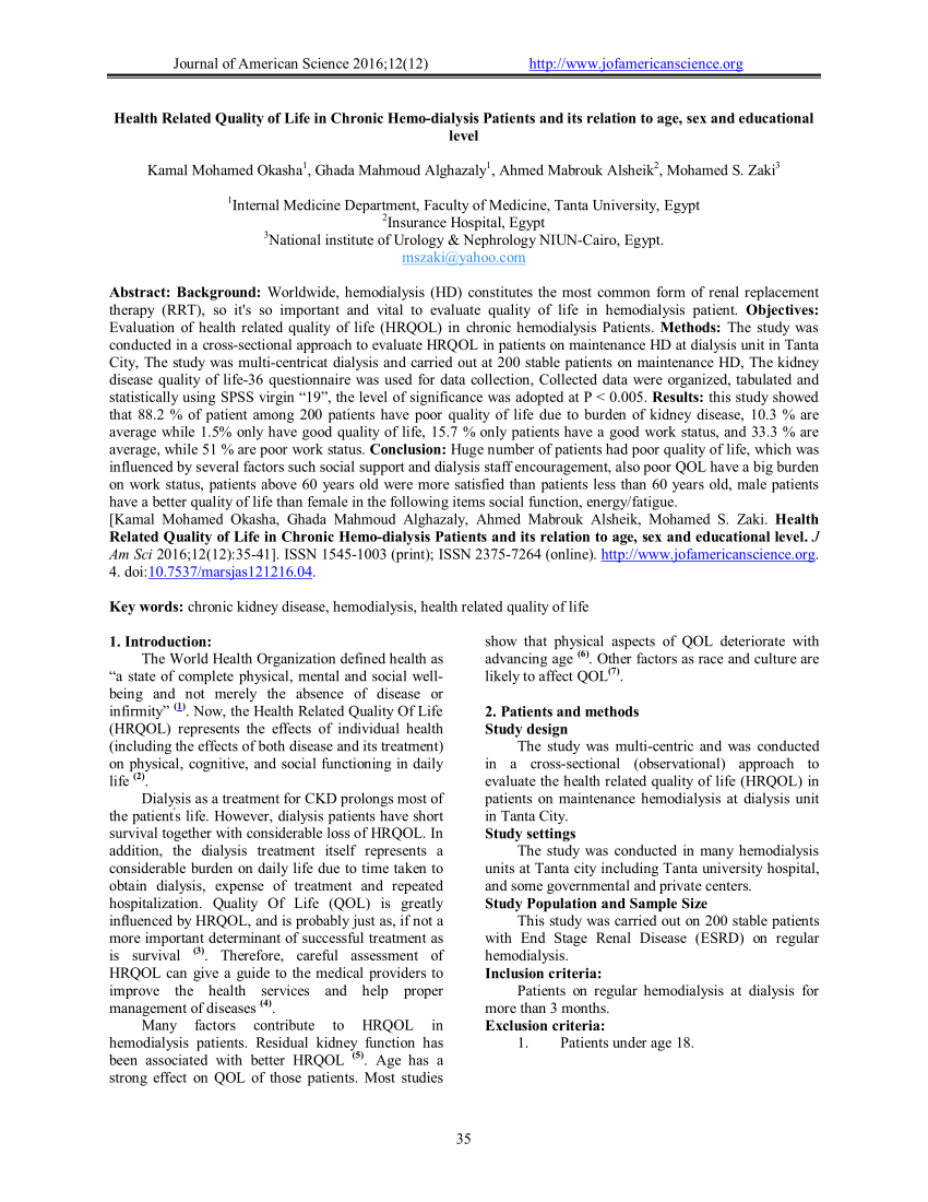 Pdf Health Related Quality Of Life In Chronic Hemo Dialysis Patients And Its Relation To Age 3585