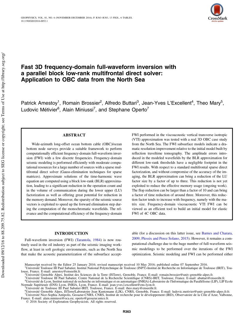 Pdf Fast 3d Frequency Domain Full Waveform Inversion With A Parallel Block Low Rank Multifrontal Direct Solver Application To Obc Data From The North Sea