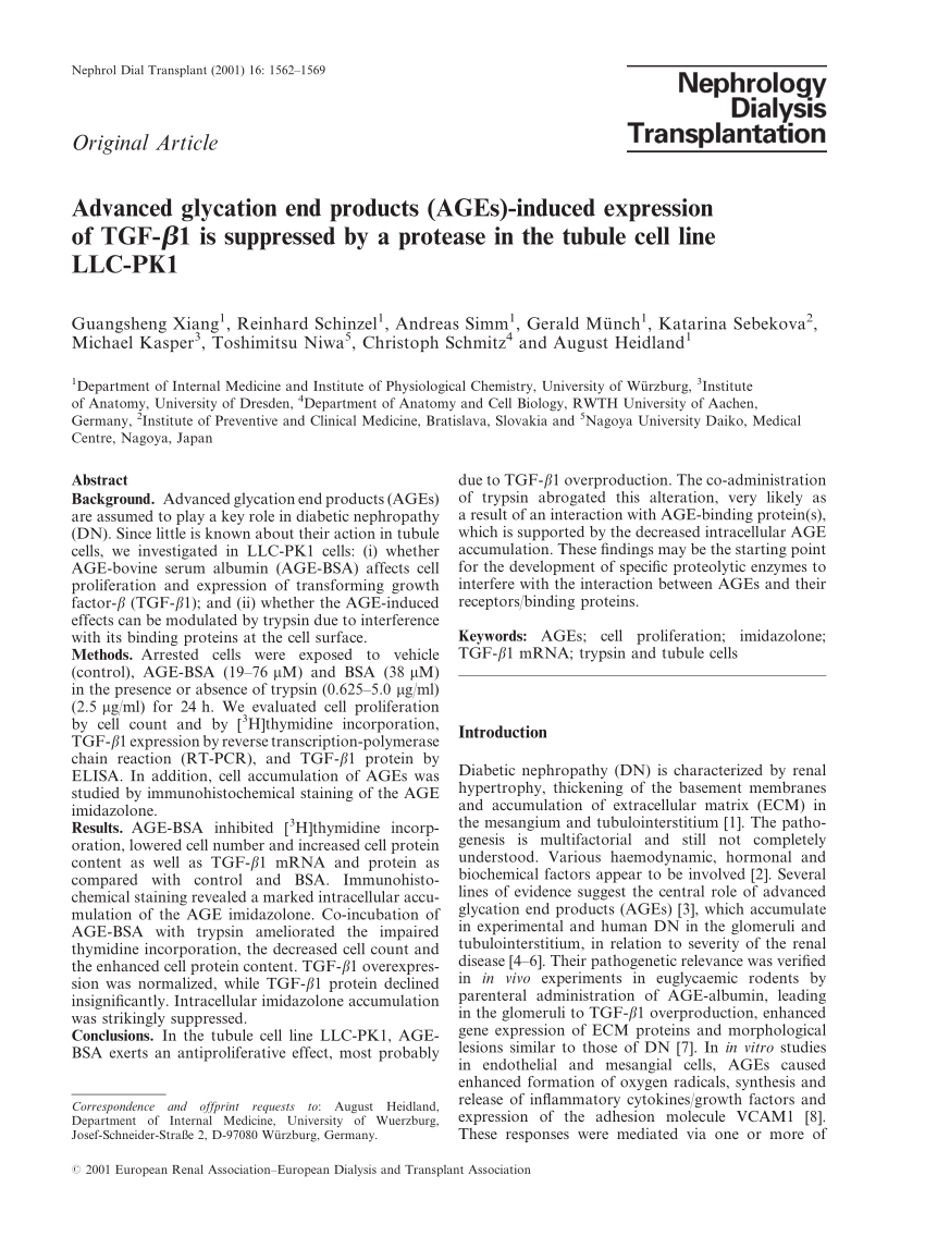 Pdf Advanced Glycation End Products Ages Induced Expression Of Tgf B1 Is Suppressed By A Protease In The Tubule Cell Line Llc Pk1