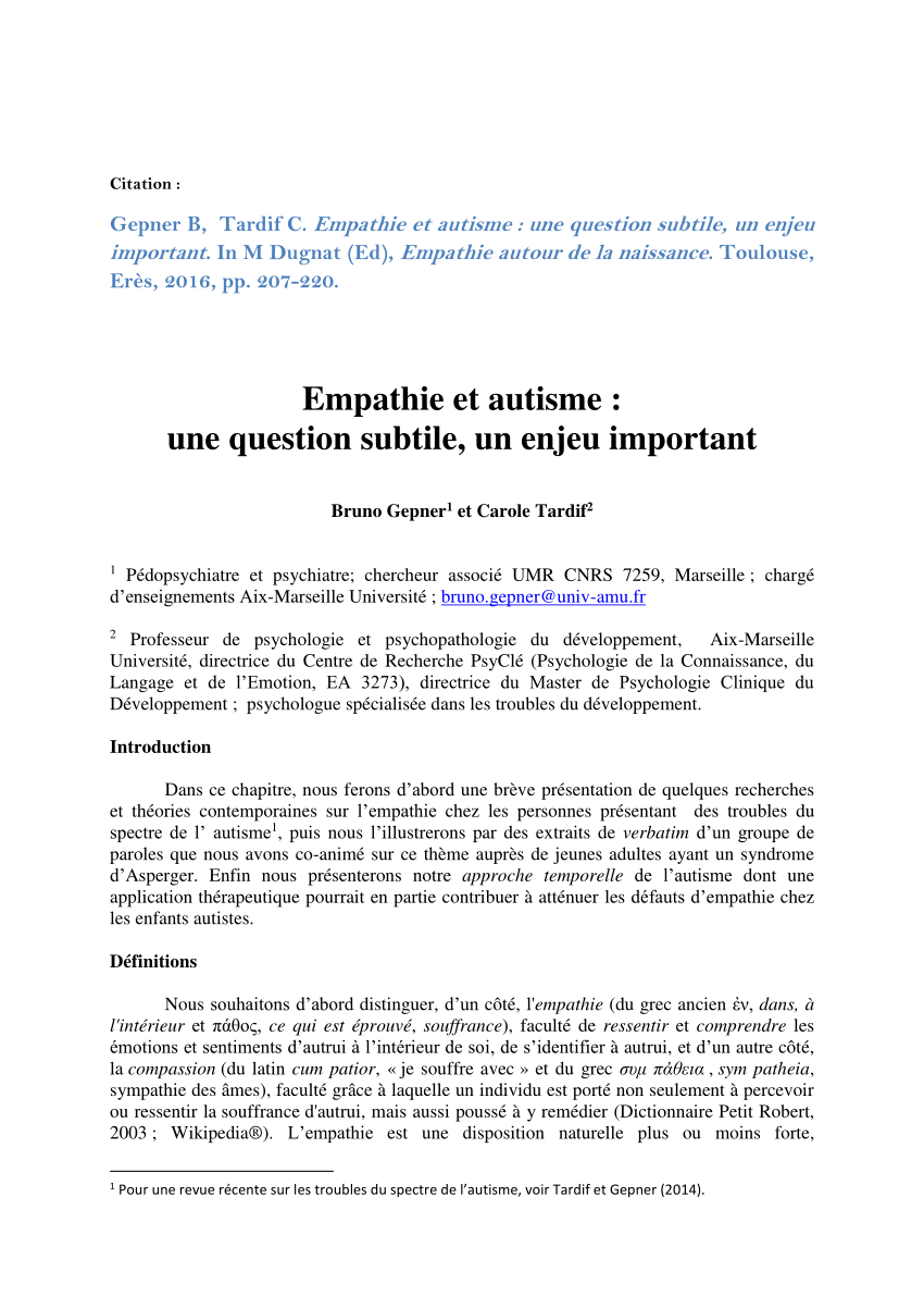 Pdf Empathie Et Autisme Une Question Subtile Un Enjeu Important