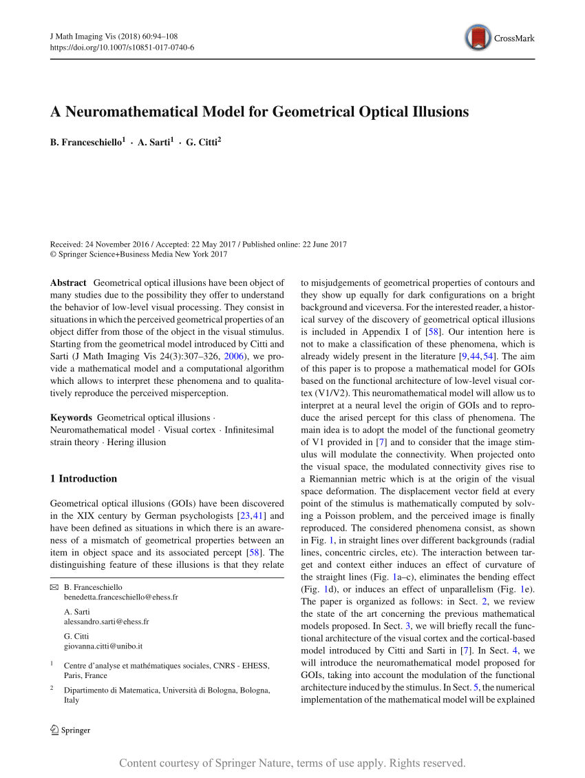 A Neuromathematical Model for Geometrical Optical Illusions