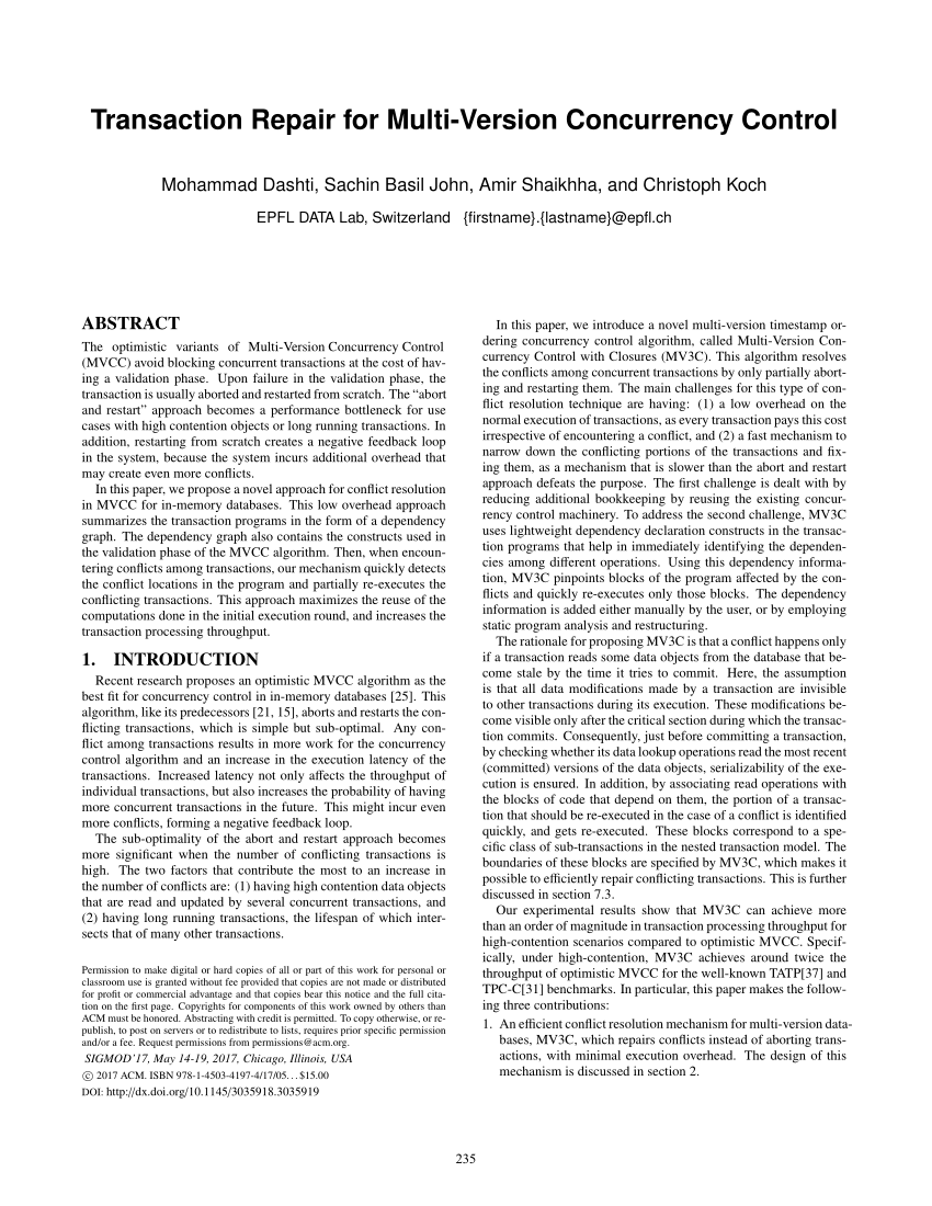 PDF Transaction Repair for Multi Version Concurrency Control