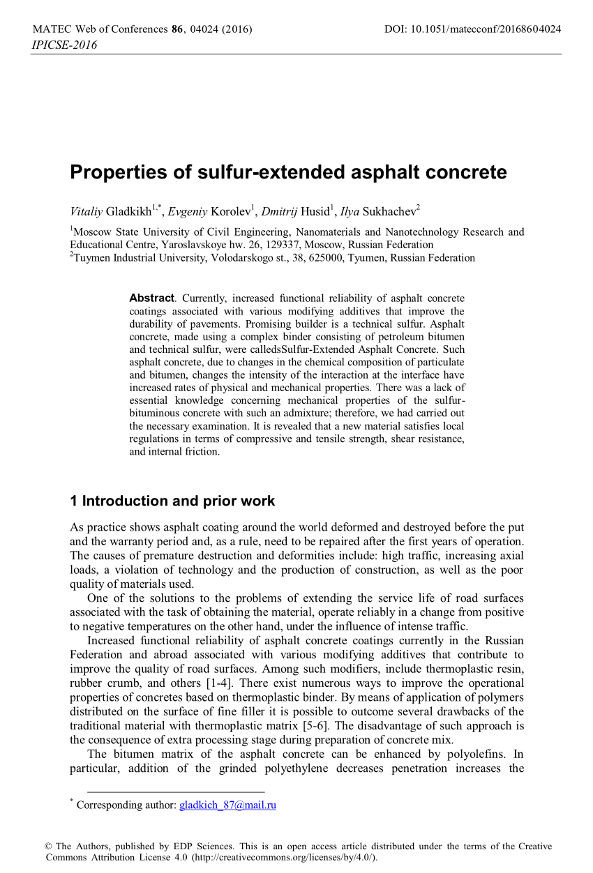 Pdf Properties Of Sulfur Extended Asphalt Concrete 