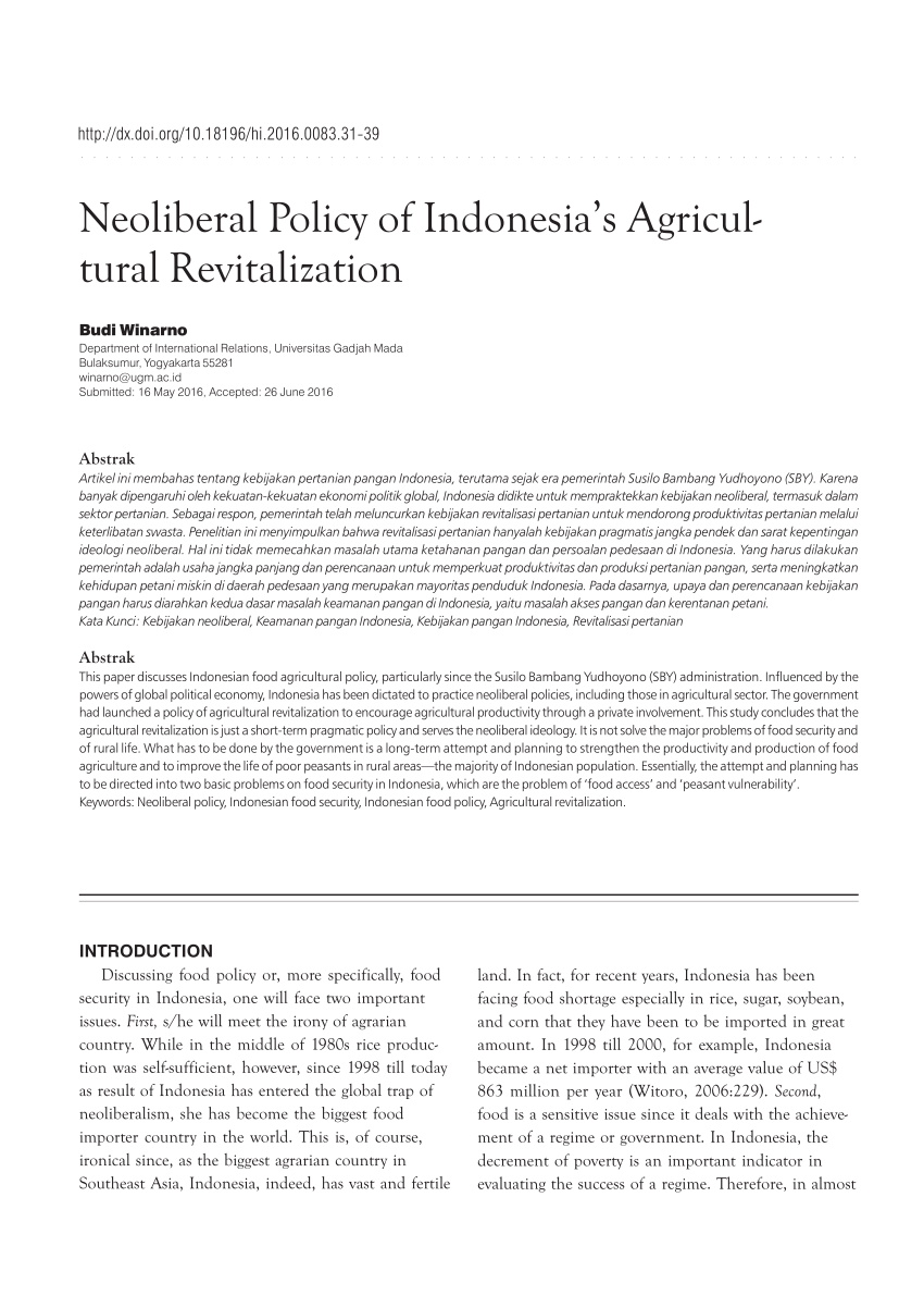 Pdf Neoliberal Policy Of Indonesia S Agricultural Revitalization