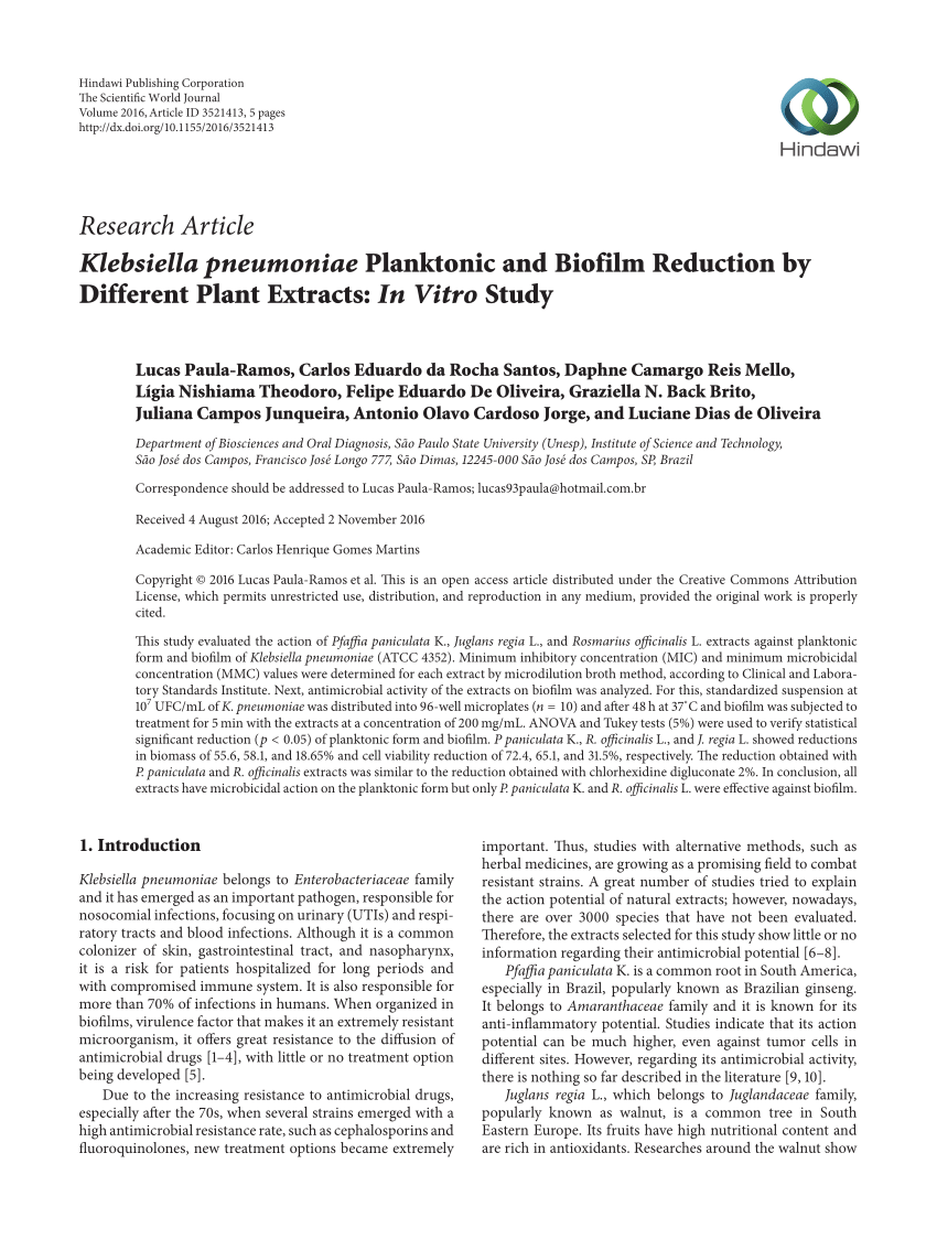Pdf Klebsiella Pneumoniae Planktonic And Biofilm Reduction By Different Plant Extracts In Vitro Study