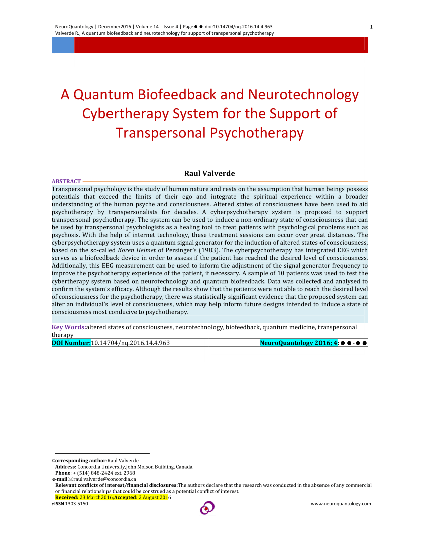 Pdf A Quantum Biofeedback And Neurotechnology Cybertherapy System For The Support Of Transpersonal Psychotherapy