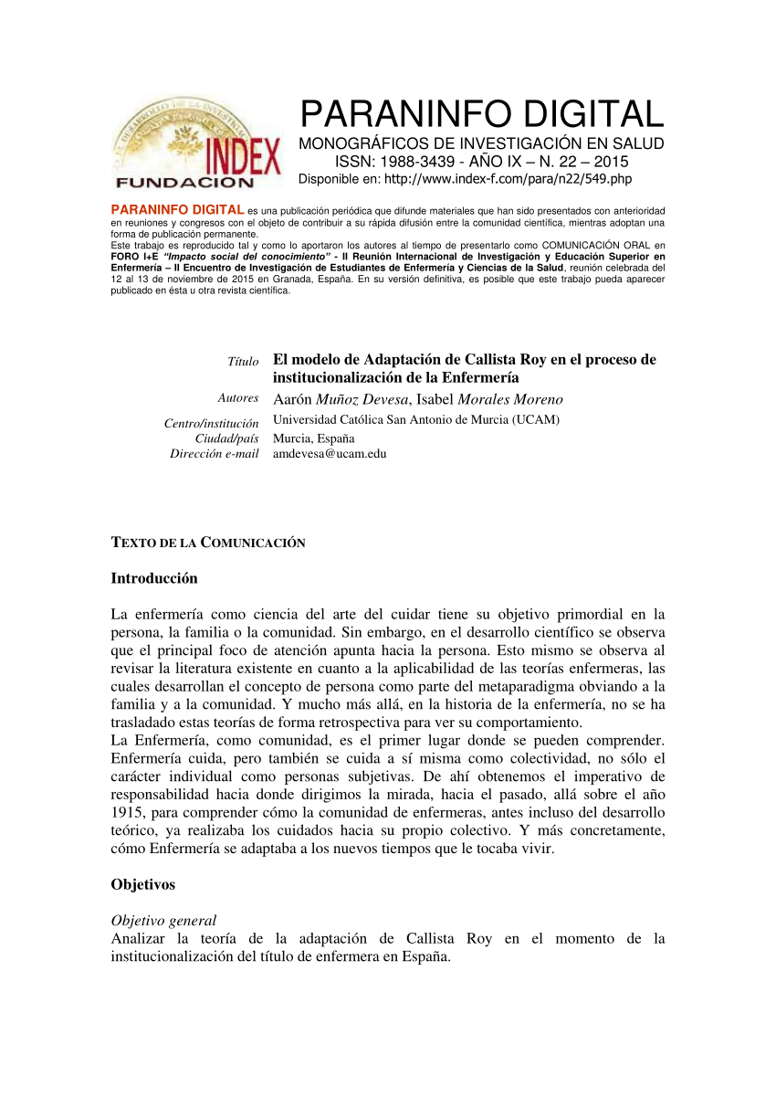 PDF) El modelo de Adaptación de Callista Roy en el proceso de  institucionalización de la Enfermería