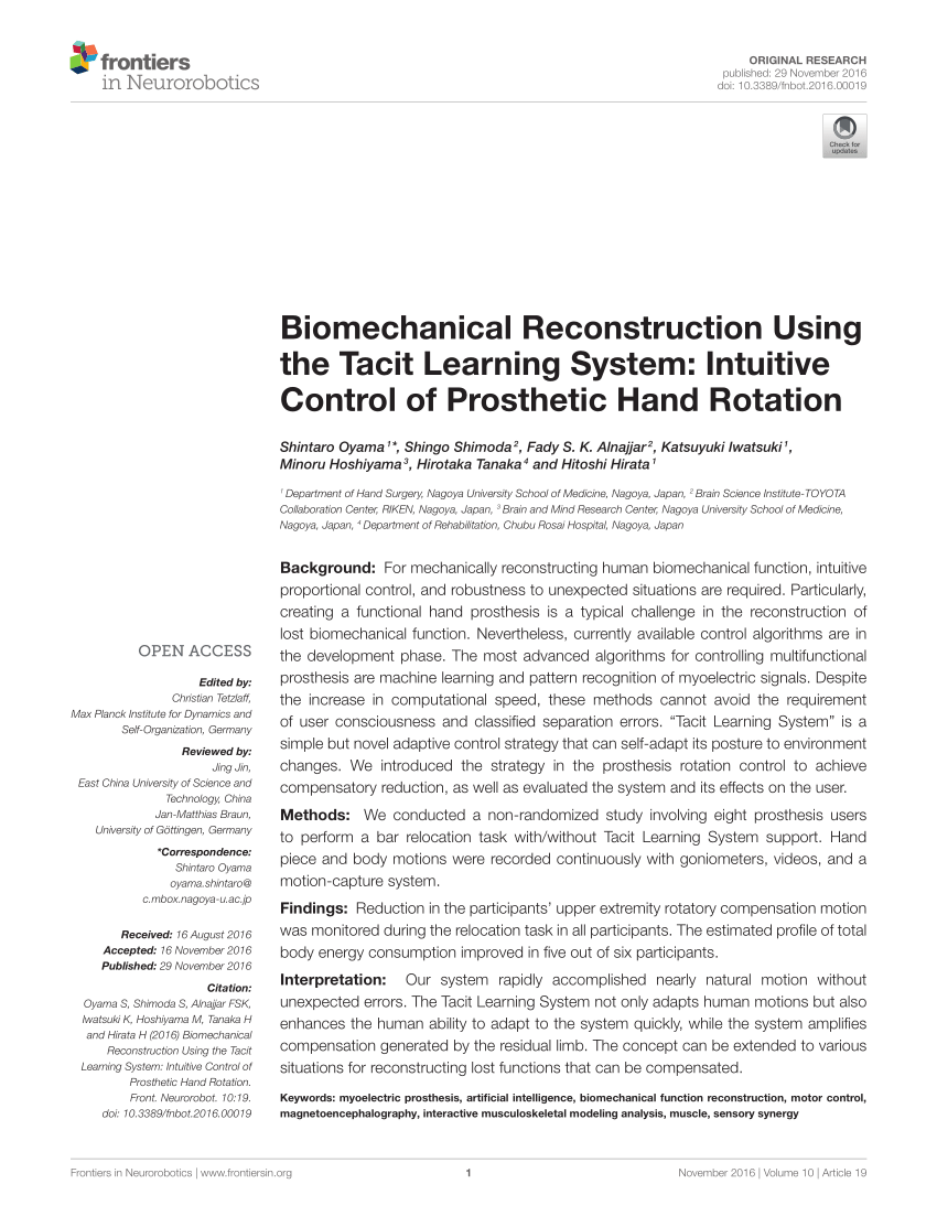 Pdf Biomechanical Reconstruction Using The Tacit Learning System Intuitive Control Of Prosthetic Hand Rotation