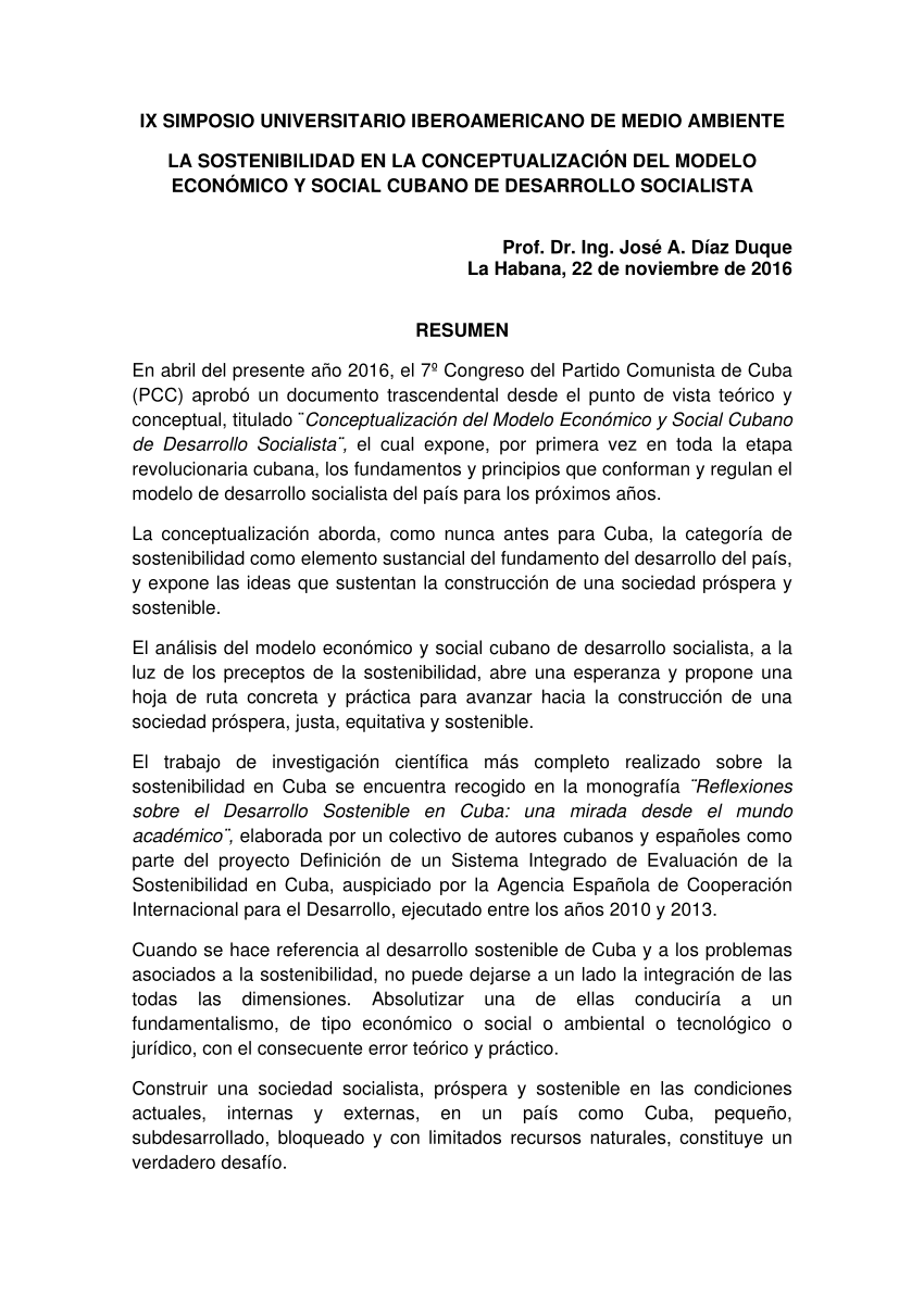 PDF) La Sostenibilidad en la Conceptualización del Modelo Económico y  Social Cubano de Desarrollo Socialista