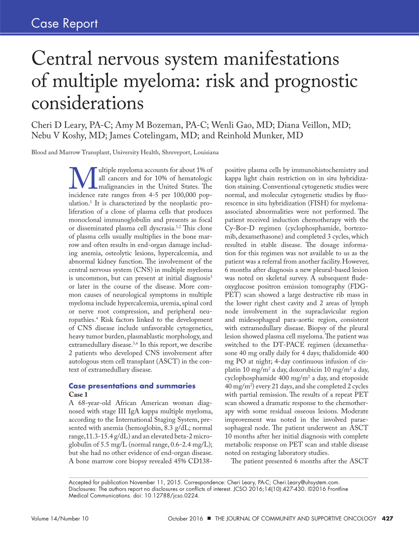 Pdf Central Nervous System Manifestations Of Multiple Myeloma Risk And Prognostic Considerations 