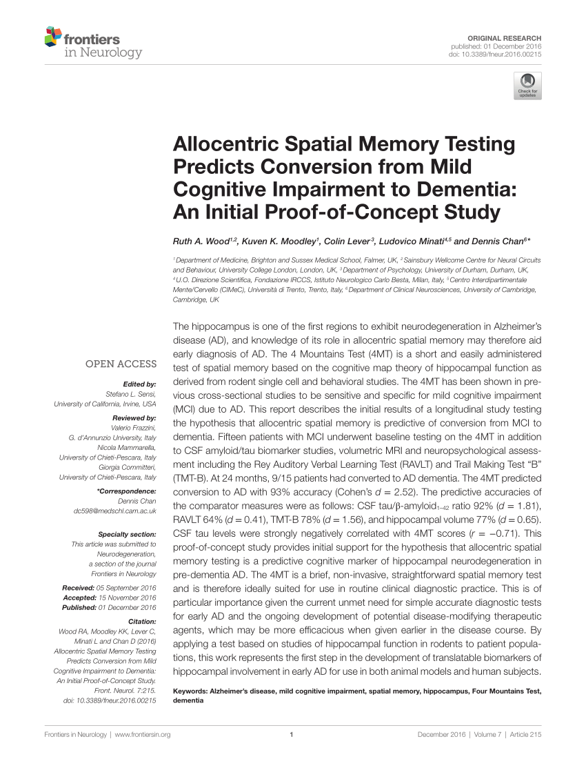 PDF) Allocentric Spatial Memory Testing Predicts Conversion from 