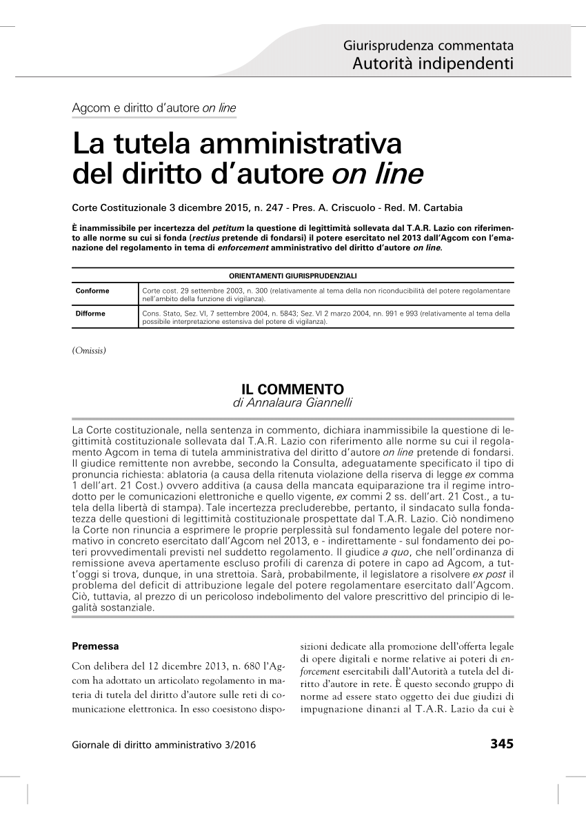 (PDF) La tutela amministrativa del diritto d'autore online