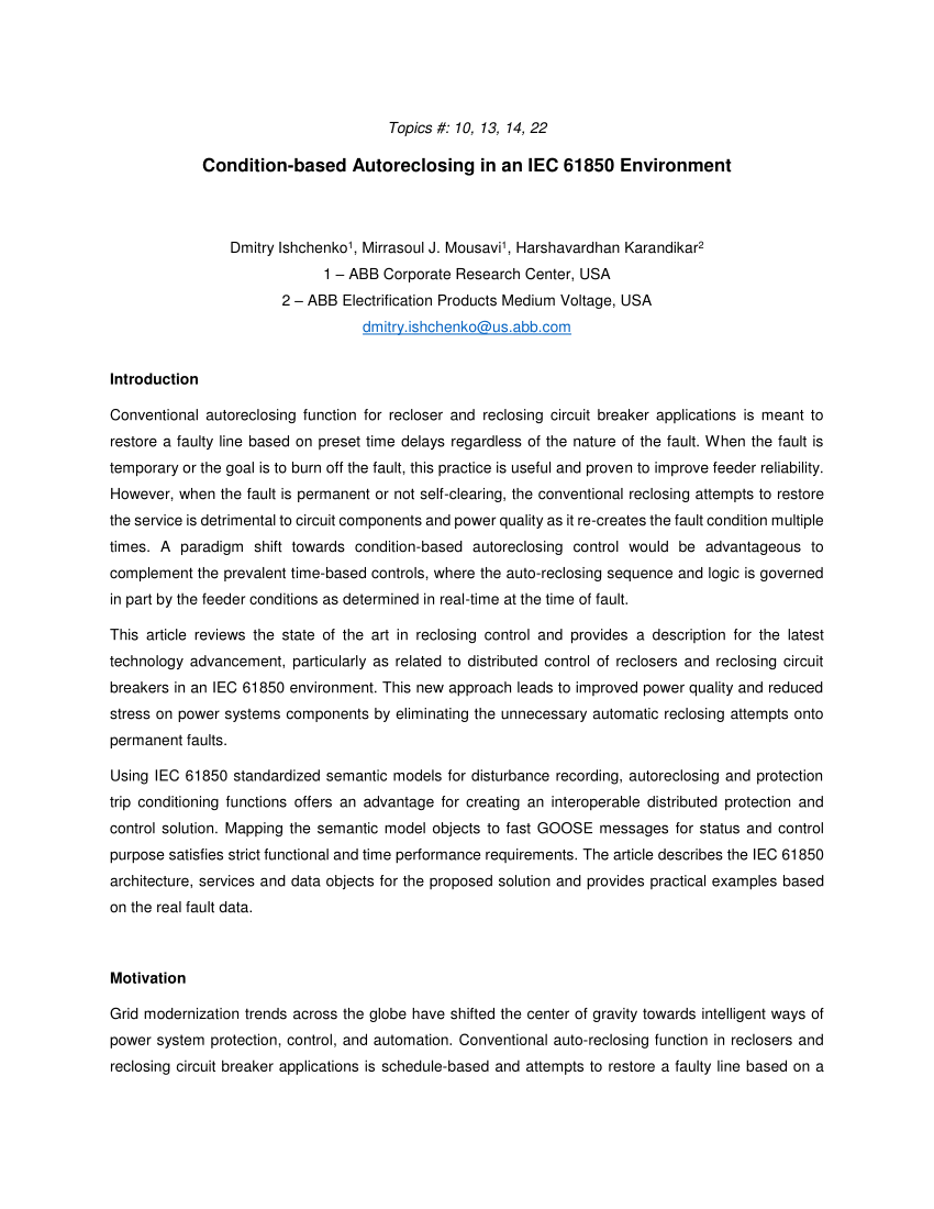 Pdf Condition Based Autoreclosing In An Iec Environment