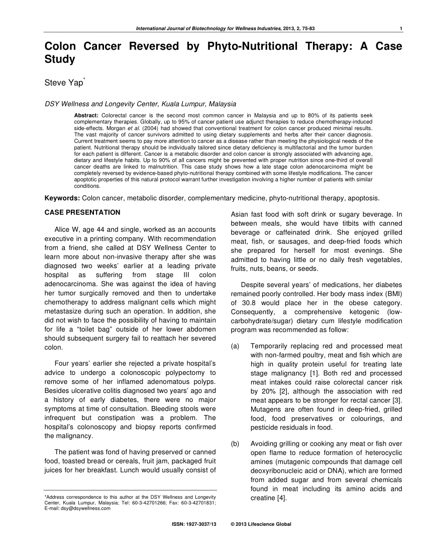 (PDF) Colon Cancer Reversed by PhytoNutritional Therapy