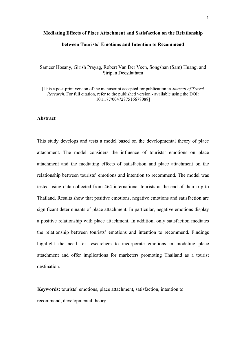 Pdf Mediating Effects Of Place Attachment And Satisfaction On The Relationship Between Tourists Emotions And Intention To Recommend