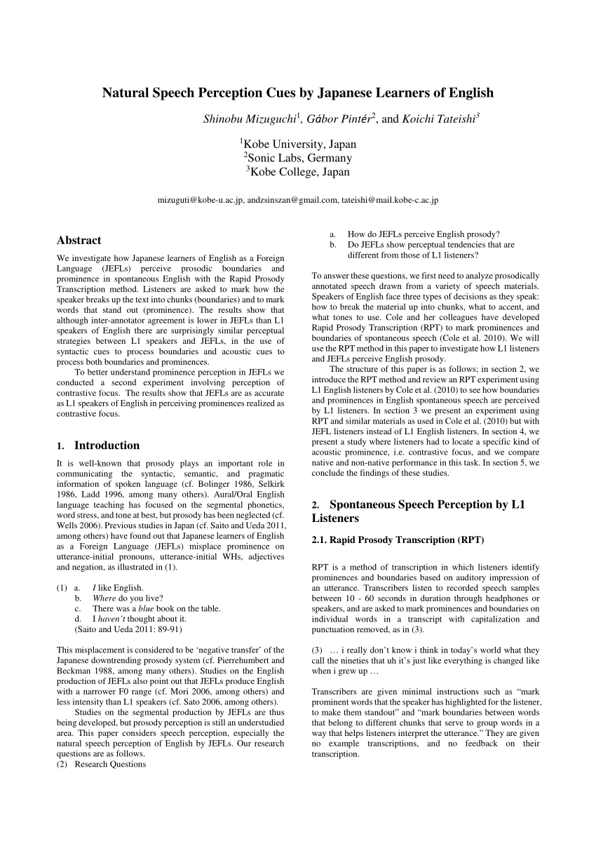 PDF) Natural Speech Perception Cues by Japanese Learners of English