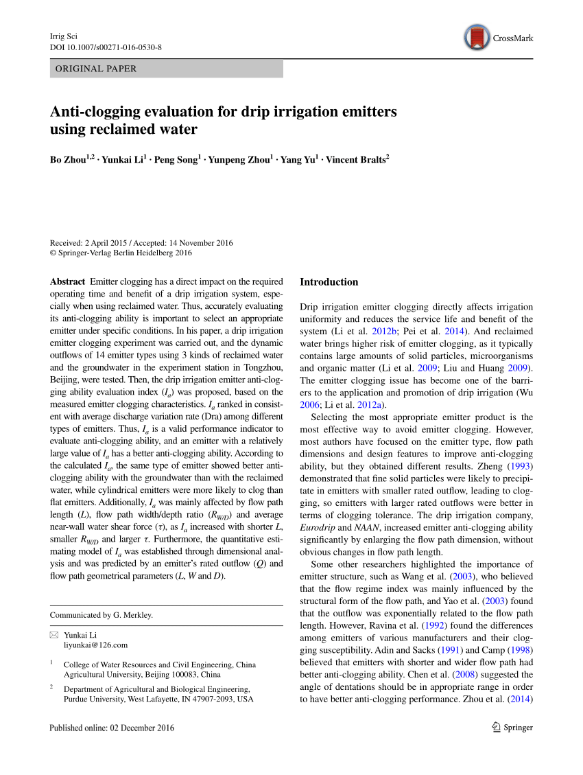 Pdf Anti Clogging Evaluation For Drip Irrigation Emitters Using Reclaimed Water