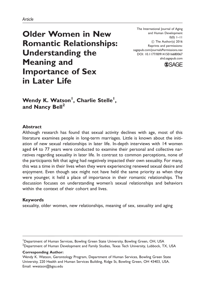 PDF) Older Women in New Romantic Relationships: Understanding the Meaning  and Importance of Sex in Later Life