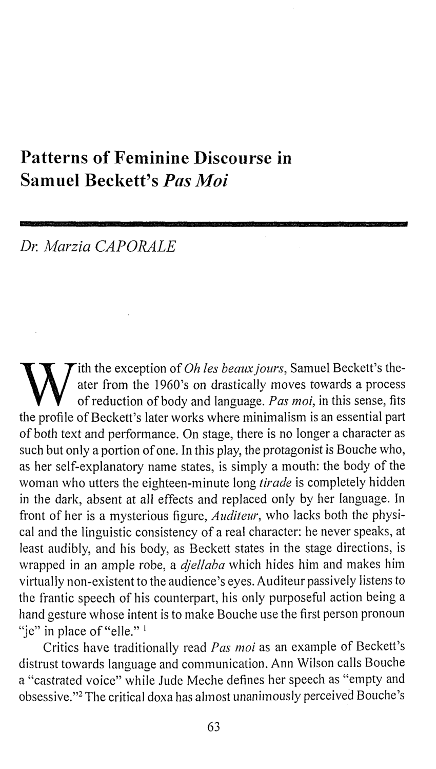 Pdf Patterns Of Feminine Discourse In Samuel Beckett S Pas Moi